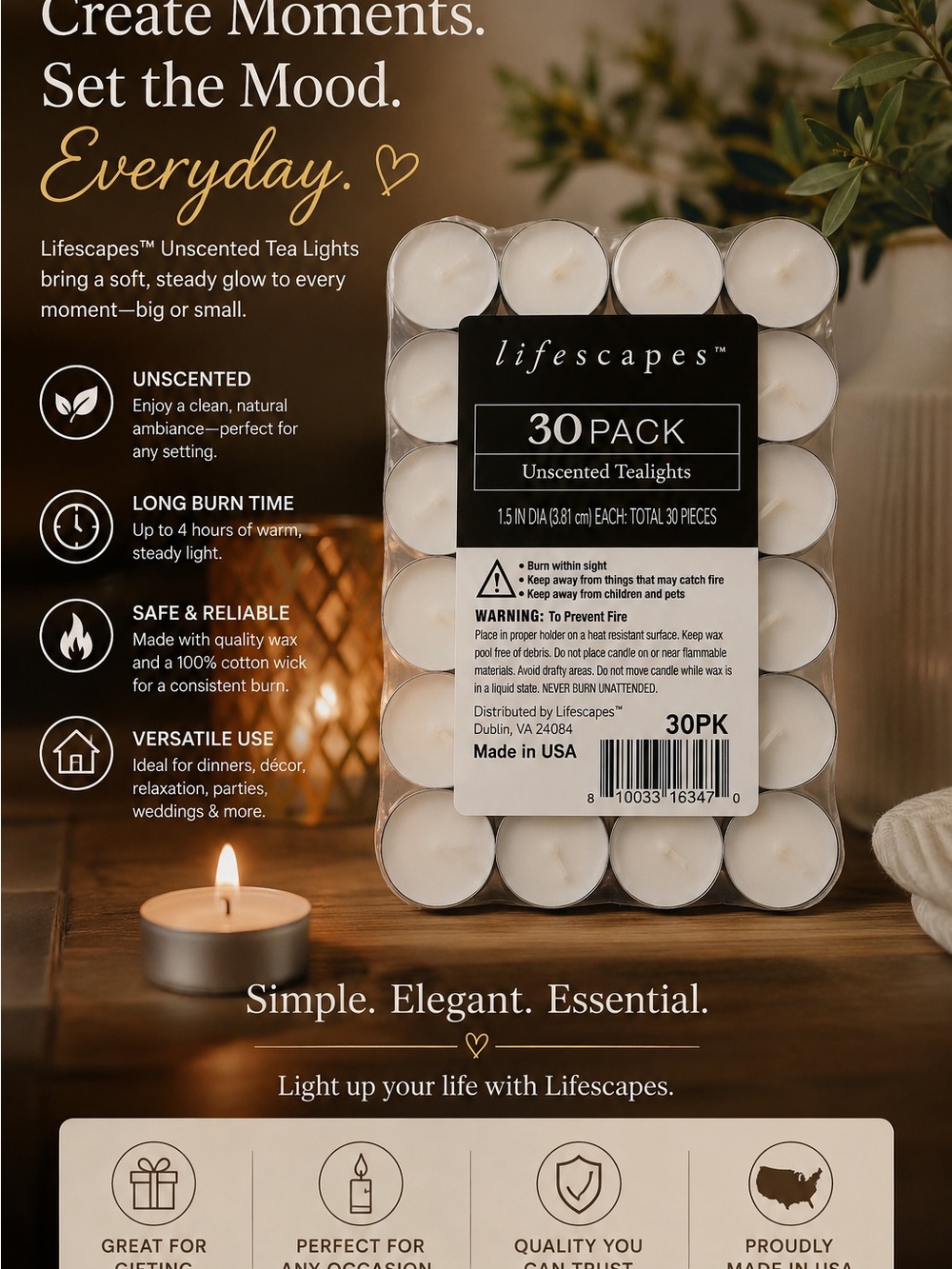 Lifescapes Unscented Tea Light Candles – 5 - 30 Packs ( 180 tea lights)
